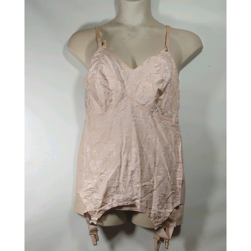 RARE Vtg XL 40 Rengo CORSELETTE Garters Open Bottom Corset Girdle Pink Brocade